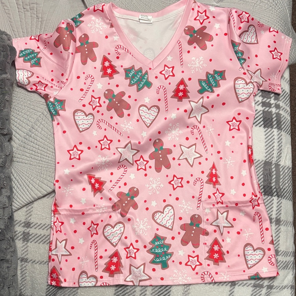 Pink Christmas scrub top